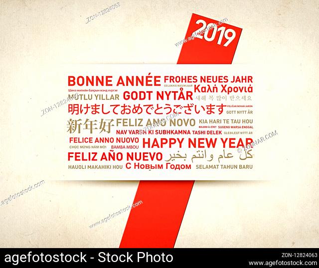 2019 Happy new year vintage greentings card from the world in different languages