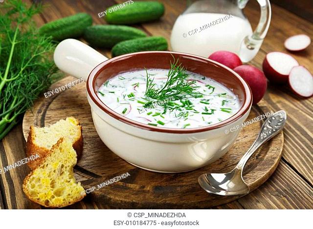 Cold summer soup with yogurt and vegetables