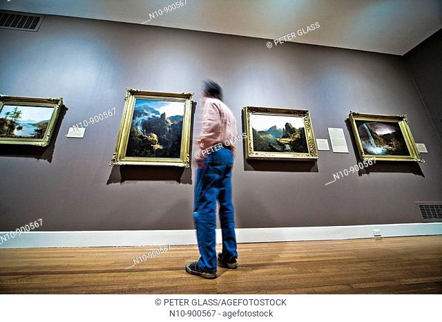 Man looking at paintings in a museum