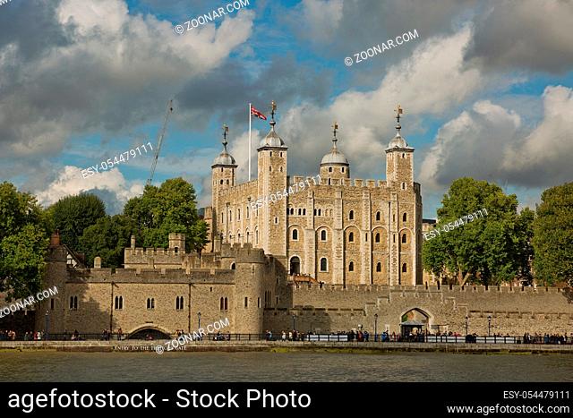 View of the Tower of London on a sunny day. Important building part of the Historic Royal Palaces housing the Crown Jewels