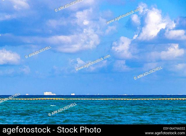 Tropical mexican beach landscape panorama view to Cozumel island cityscape with clear turquoise blue water in Playa del Carmen Quintana Roo Mexico