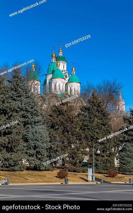 View of Assumption Cathedral from garden, Astrakhan, Russia