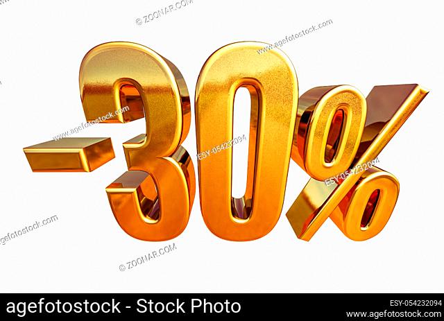 3d render: Gold 30 Percent Off Discount Sign, Sale Banner Template, Special Offer 30% Off Discount Tag, Thirty Percentages Up Sticker, Gold Sale Symbol