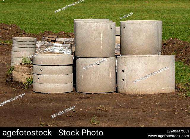 Reinforced concrete rings for the well and sewer. Concrete products for construction