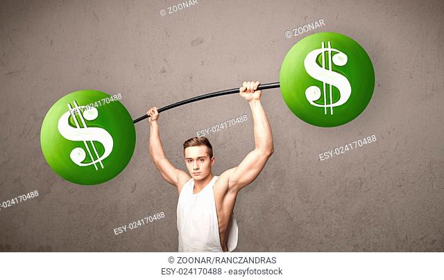 muscular man lifting green dollar sign weights