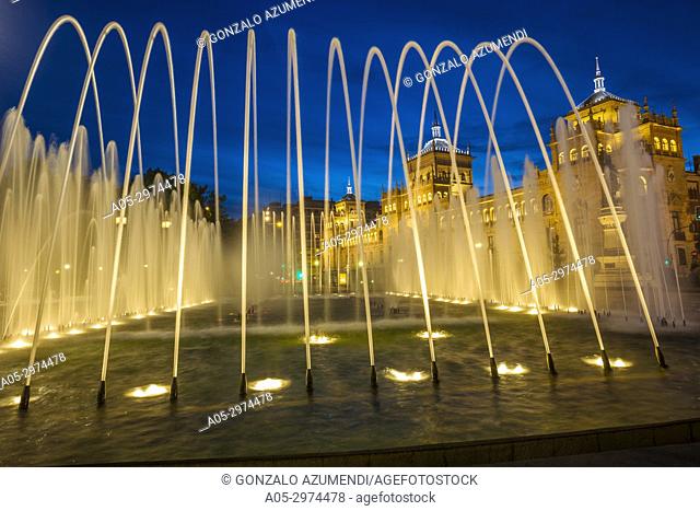 Fountain at Jose Zorrilla Square and Cavalry academy , Valladolid, Castilla y Leon, Spain