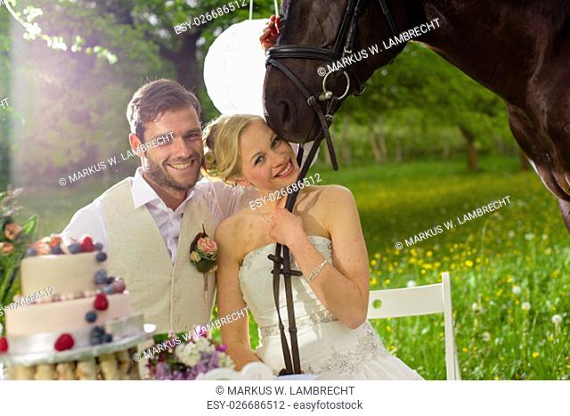 Bride and groom stand together with a magnificent black horse on a summer meadow and rays in the camera, the bride wearing her white dress and holding a bridal...