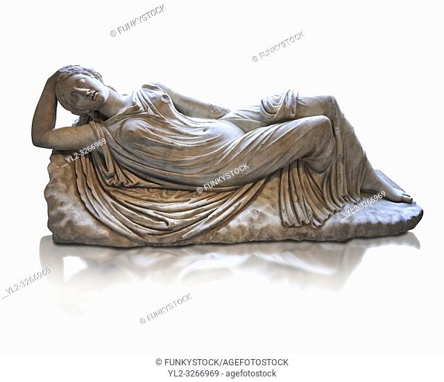 Ariadne sleeping a 2nd century AD Marble Roman statue from Italy. The girl is lying asleep on a rock and is a variation of the famous Sleeping Ariadne of the...