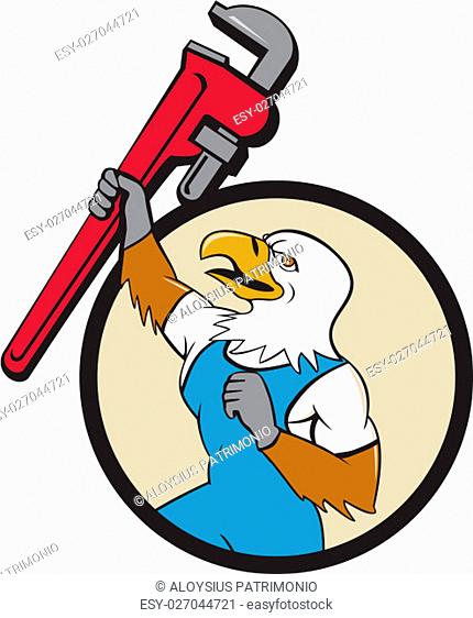Illustration of a american bald eagle plumber raising up giant pipe wrench adjustable wrench over head looking up viewed from the side set inside circle on...