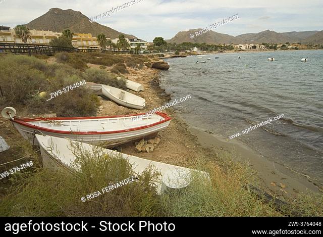 Isla Plana Beach with boats, Mazarron, Murcia Region, Spain
