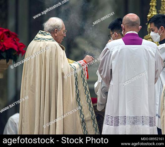 Cardinal Giovanni Battista Re, dean of the College of Cardinals blesses the faithful with the Blessed Sacrament during First Vespers and Te Deum of thanksgiving...