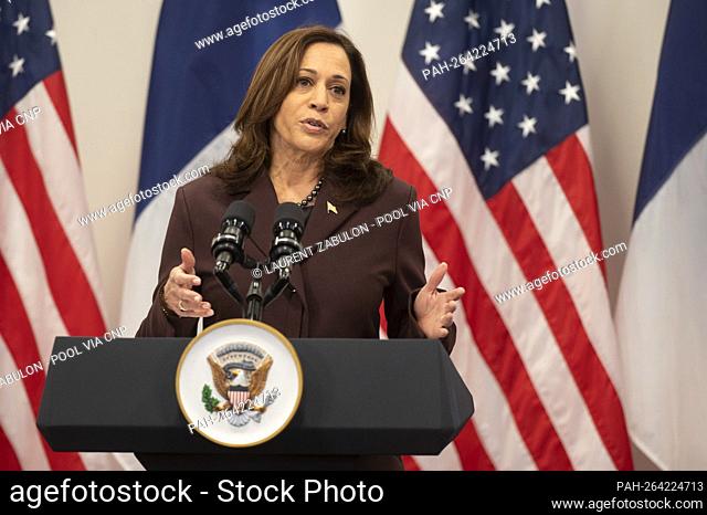 United States Vice President Kamala Harris remarks during a press conference at Hotel Intercontinental in Paris, France on November 12