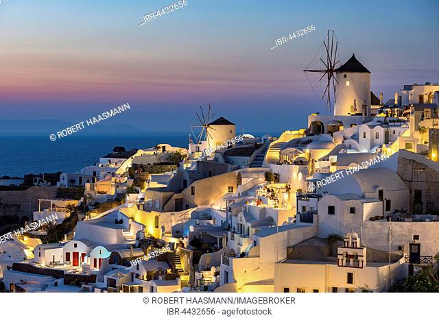 Town, windmills, dusk, Oia, Santorini, Cyclades, Greece