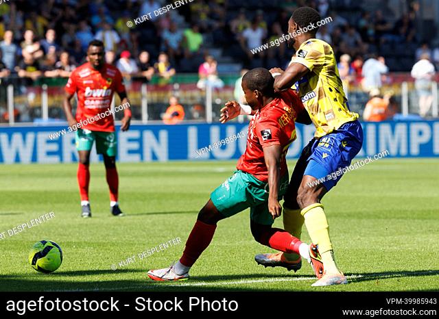 Oostende's Alfons Amade and STVV's Mory Konate fight for the ball during a soccer match between KV Oostende and Sint-Truidense VV