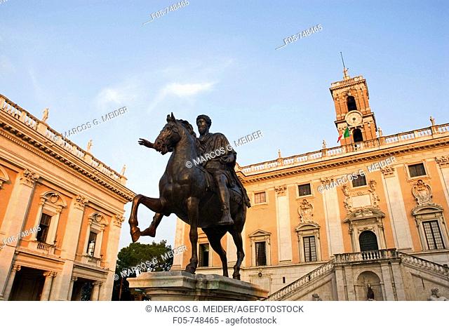 The equestrian Statue of Marcus Aurelius and the Palazzo Senatorio in background  Piazza Campidoglio  Rome, Lazio, Italy