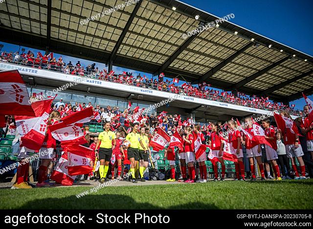 Gladsaxe, Denmark. 05th, July 2023. Referee Maral Mirzai Beni enters the pitch with the assistant referees for the football friendly between Denmark and Spain...