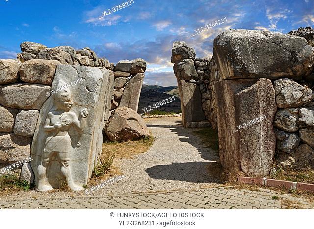 Picture & image of the Hittite Relief sculpture of the God of War of the Kings Gate. Hattusa (or Hattusas) late Anatolian Bronze Age capital of the Hittite...