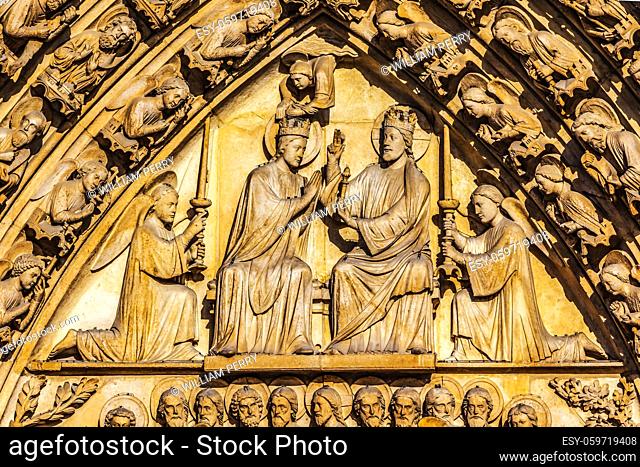 Angels Jesus Crowning Mary Viirgin Door Portal Notre Dame Cathedral Paris France. Notre Dame was built between 1163 and 1250AD