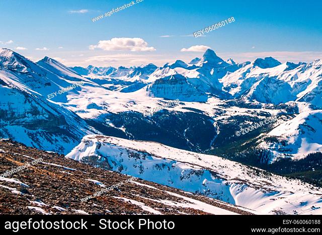An aerial view of the Rocky Mountains of Canada and Mount Assiniboine in winter