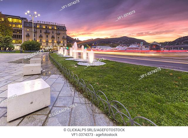 Sunset on Cavour square, lake Como, Como city, Lombardy, Italy, Europe
