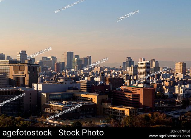 Osaka, Japan - December 10, 2014: Photograph of Osaka skyline taken from the castle
