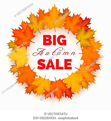 Big autumn sale wreath label. Vector autumn leaves fall border isolated on white background