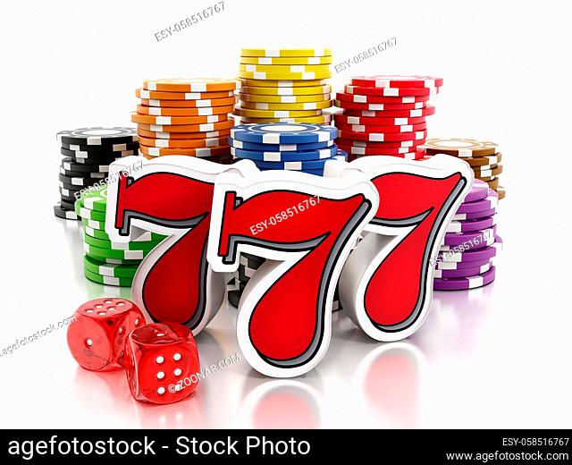 Gambling concept with casino chips, dices and slot machine 777's