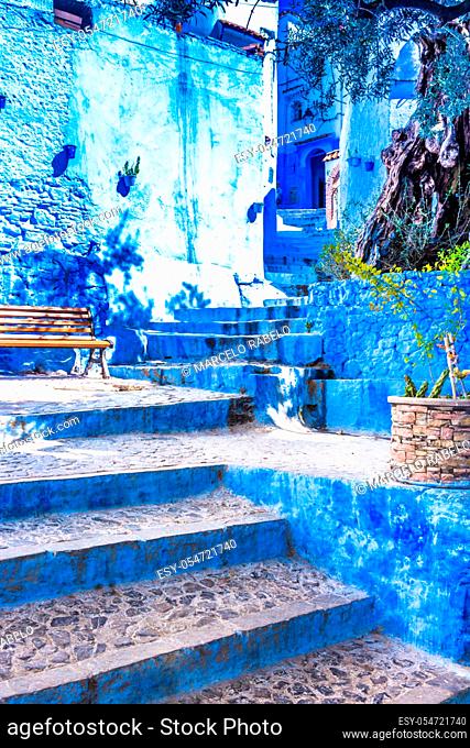 Chefchaouen blue town street in Morocco