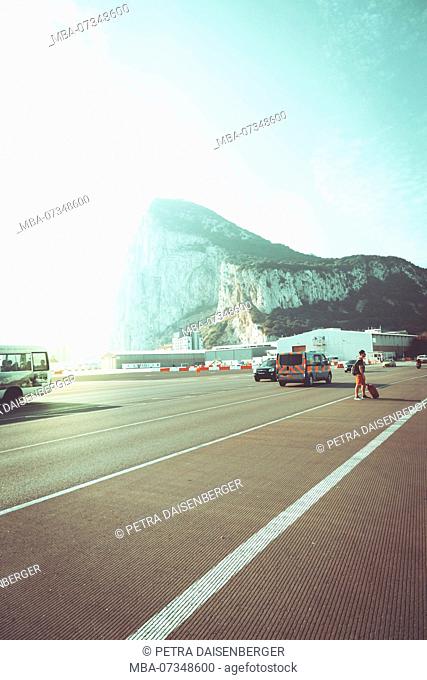 On the runway of the airport Gibraltar with view on the rock