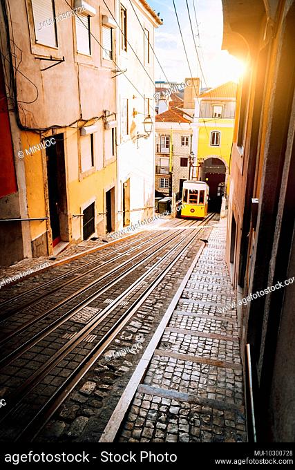 Lisbon's Gloria funicular classified as a national monument opened 1885 located on the west side of the Avenida da Liberdade connects downtown with Bairro Alto