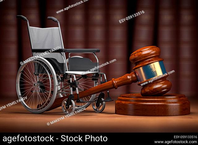 Disability law and social services for disabled people concept. Wheelchair and gavel. 3d illustration