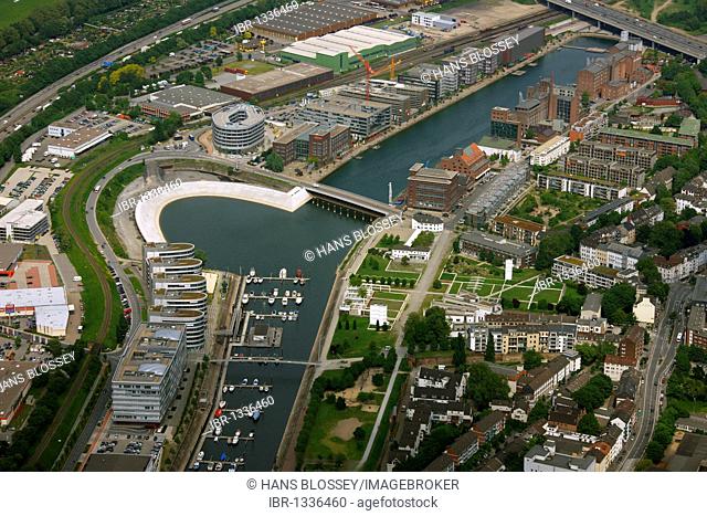 Aerial photo, Alltours tourist companies, Innenhafen Inner harbor, synagogue, Fiveboats Hitachi administration, Duisburg, Ruhrgebiet area
