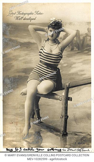 Latest Photographic Notes: Well Developed - a fine photographic postcard of a fetching young lady in her best pearls and favourite stripey bathing costume