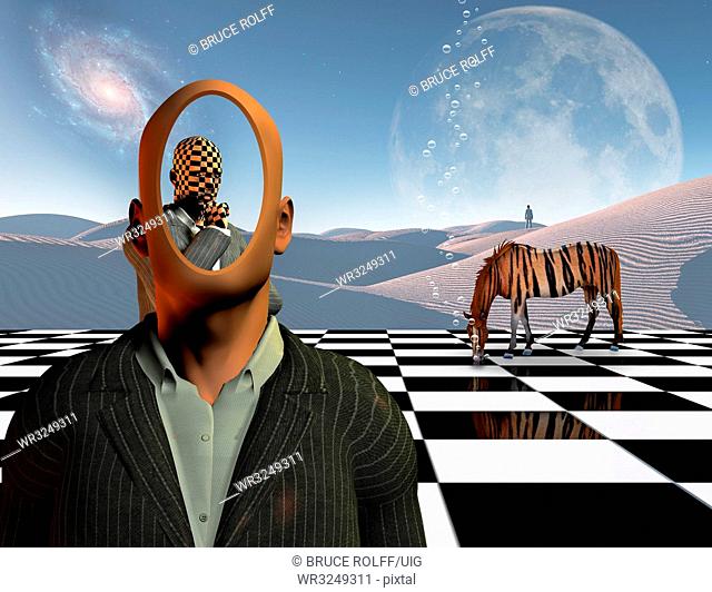 Faceless businessman with another thinking businessman behind him stands on chessboard with Lonely man in a distance White sand dune and Striped horse like a...