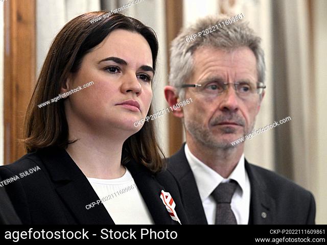 Belarusian opposition leader Sviatlana Tsikhanouskaya, left, and Czech Senate head Milos Vystrcil during the opening ceremony of the conference on Russia's...