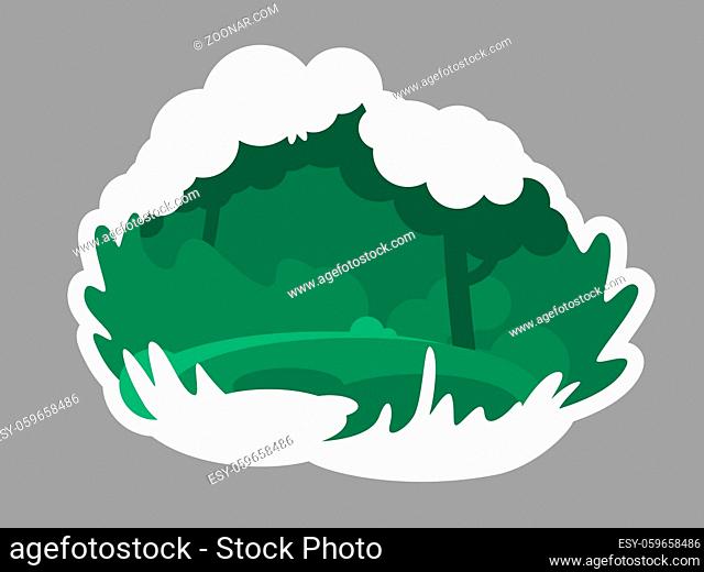 Green wild forest 2D vector web banner, poster. Wild landscape. Tree branches and leaves on bushes. Woods flat scenery on cartoon background