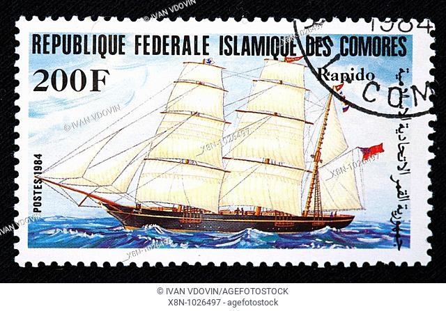 Sail ship Rapido, postage stamp, Comoros, 1984