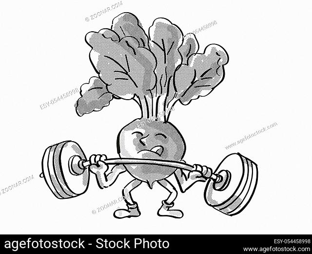 Retro cartoon style drawing of a Red Radish, a healthy vegetable lifting a barbell on isolated white background done in black and white