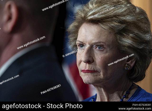 United States Senator Debbie Stabenow (Democrat of Michigan) at a press conference with United States Senator Jeanne Shaheen (Democrat of New Hampshire)