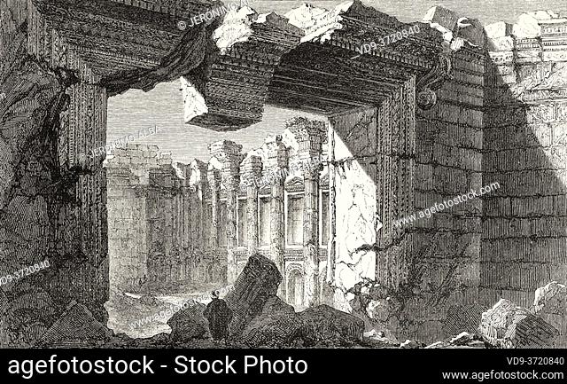 The Great Temple at Baalbec, Heliopolis, Egypt. Old 19th century engraved illustration Travel to Jerusalem by Alphonse de Lamartine from El Mundo en La Mano...