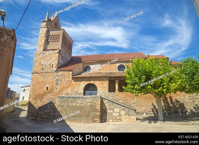 Facade of the church. Aldea de San Esteban, Soria province, Castilla Leon, Spain