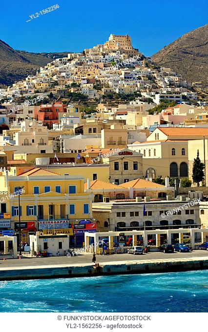 The Venitian City qurter of Ano Syros topped by the Catholic basilica of San Giorgio, Syros  S  , Greek Cyclades Islands