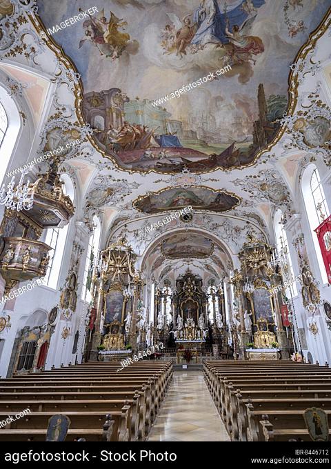 Rococo church of St. Ulrich, interior with ceiling fresco by Johann Baptist Enderle depicting the Trinity of God over the naval battle of Lepanto on 7 October...