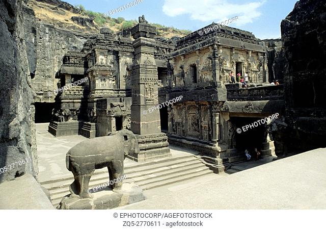 Cave No 16 : Kailasa temple, Dhvaja stamba , Victory pillar and elephant, Ellora, Aurangabad, Maharashtra, India