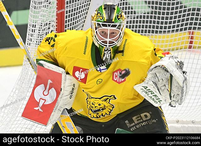 Goalkeeper of Tampere Jonas Gunnarsson in action during the Ice Hockey Champions League playoffs, 2nd leg return game Pardubice vs Ilves Tampere in Pardubice