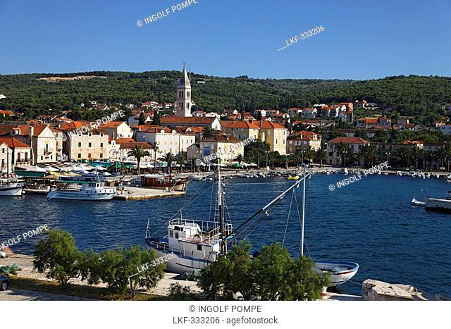 Harbor and church Sveti Petar, Supetar, Brac, Split-Dalmatia, Croatia
