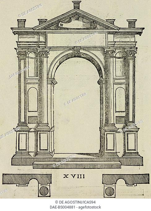 Arched doorway with four columns and tympanum, engraving from Sebastiani Serlii Bononiensis De Architectura libri quinque (Five books on Architecture by...