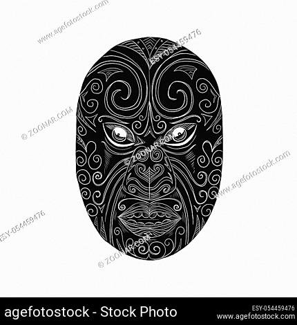 Scratchboard style illustration of a Maori mask looking fierce with mouth open and eyes protuding done on scraperboard on isolated background