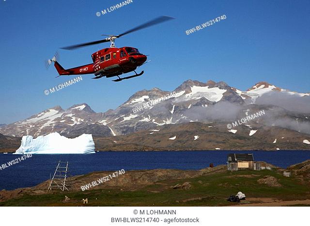 helicopter over Kong Oscars Havn, Greenland, Ammassalik, East Greenland, Tasiilaq