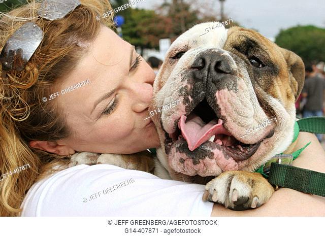 Big bulldog, Hispanic female owner, kissing. Walk for the Animals, Humane Society event, Bayfront Park, Miami, Florida. USA